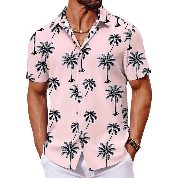 Other - Men's Hawaiian Shirt Pink Palm Tree Print Short Sleeve Button Up Casual Beachwea